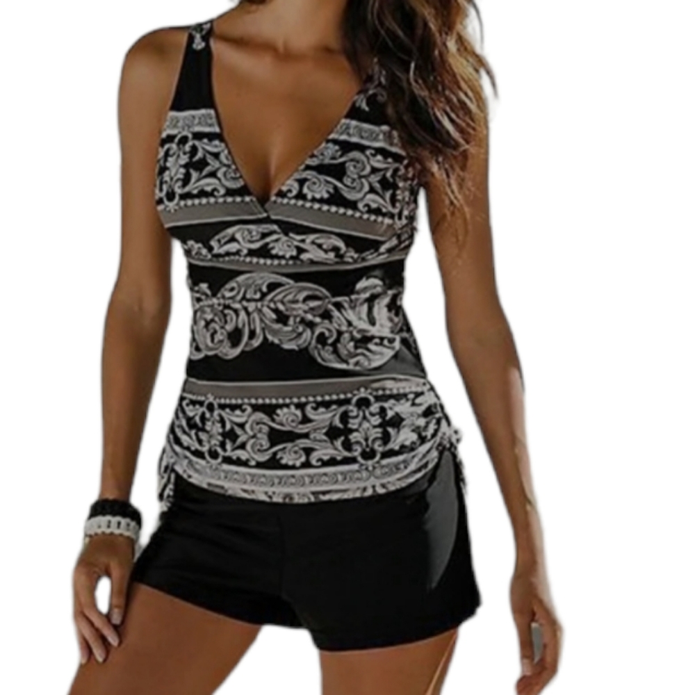 Drawstring V Neck Printed Black Tankini style 103